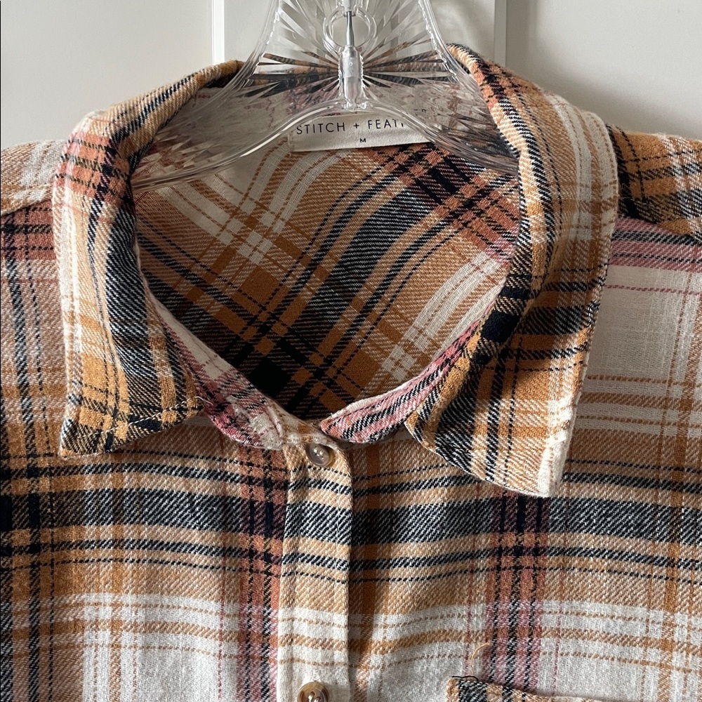 Stitch&Feather Oversized Fall Cozy Plaid Flannel Button Down Shirt Mustard/Red M - Picture 2 of 4